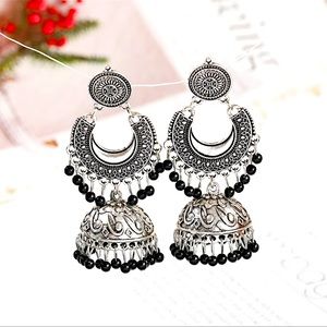 Women Vintage Silver Long Tassel Bell Drop Bollywood Earrings